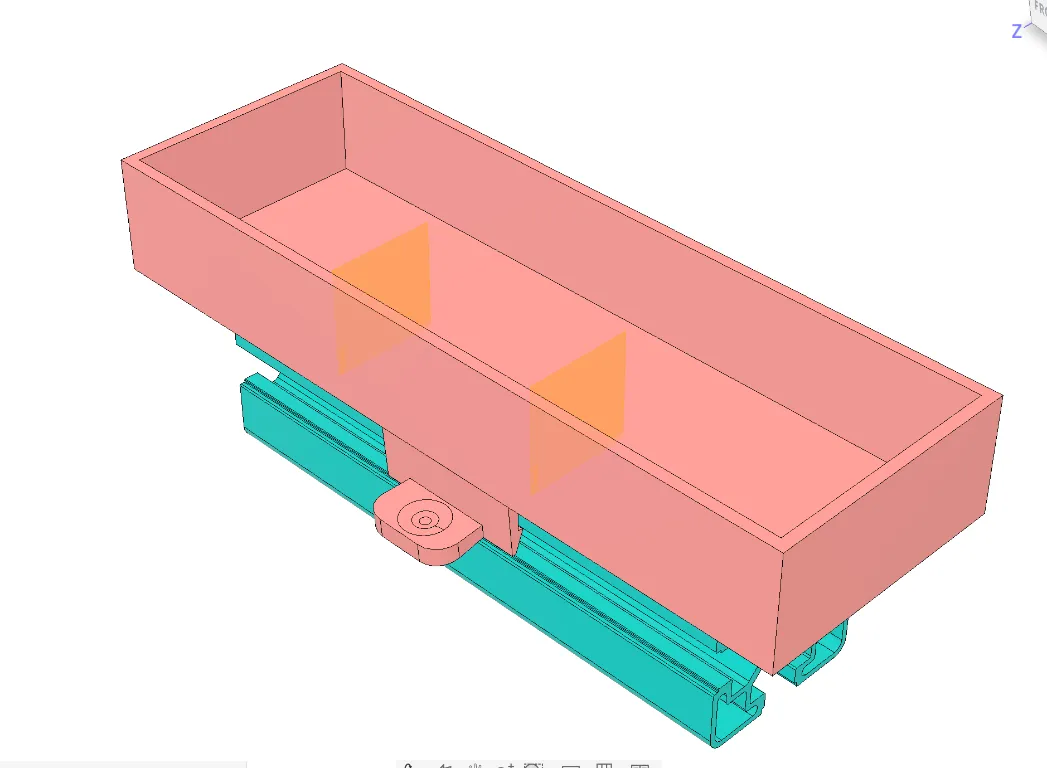 3D model of an open-top box holder attached to an aluminum extrusion.