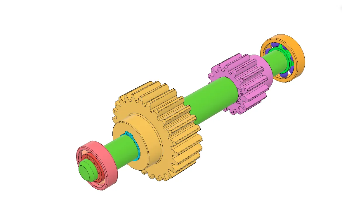 Colored 3D model of a shaft assembly with two gears and bearing supports.