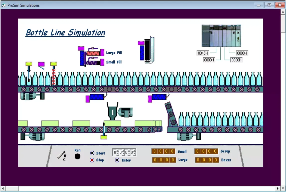 ProSim Bottle Line Simulation showing conveyors, bottle sensors, large and small fill stations, operator controls, and production counters.